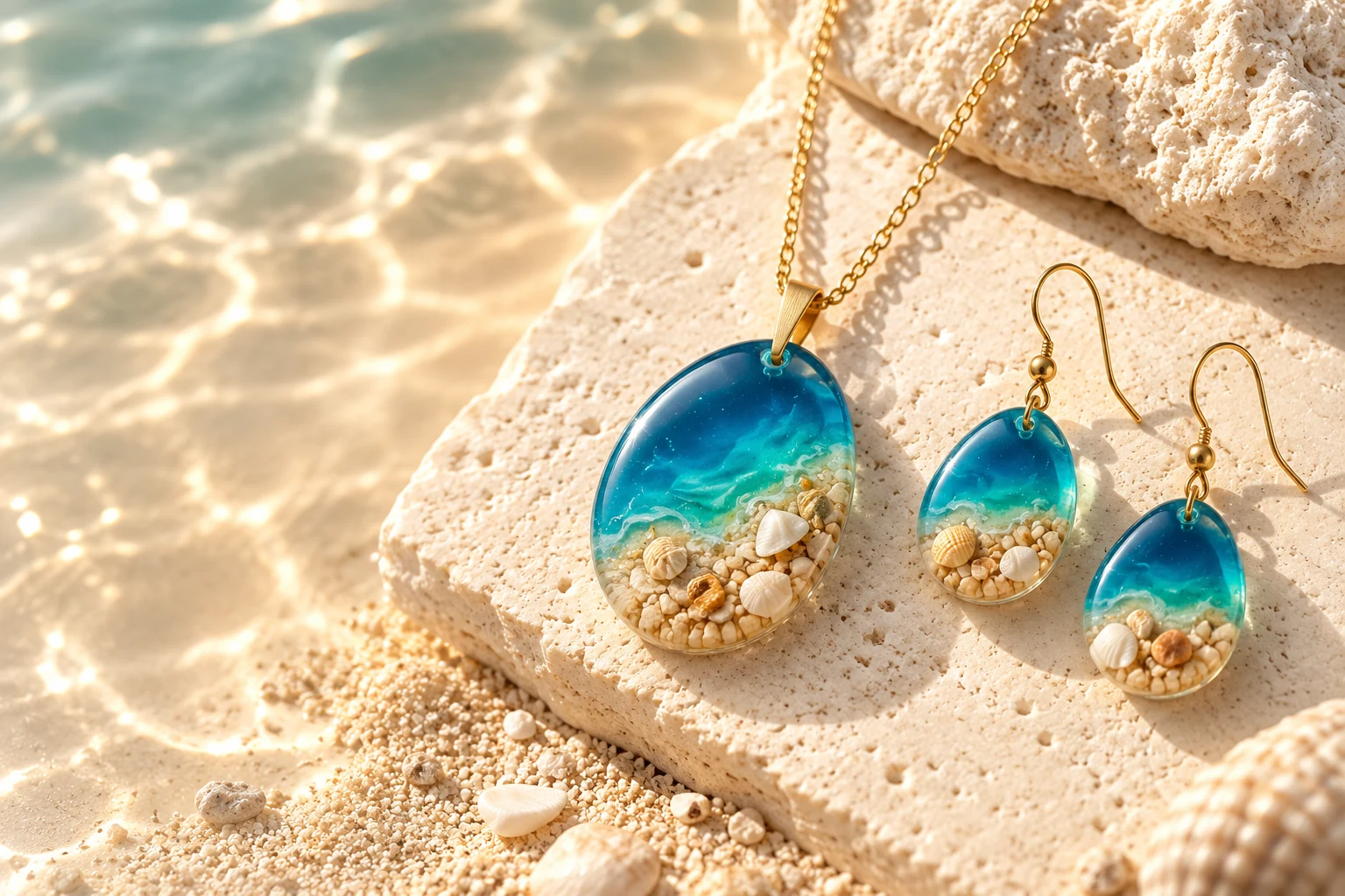 Visual concept of handmade Maremoria beach resin jewelry